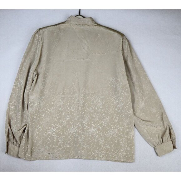 COUNTRY SUBURBANS - WOMEN'S BEIGE HIGH NECK SILKY TEXTURED VINTAGE BLOUSE - 10 - Picture 7 of 9